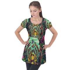 Monkey Tiger Bird Parrot Forest Jungle Style Puff Sleeve Tunic Top by Grandong