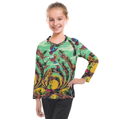 Monkey Tiger Bird Parrot Forest Jungle Style Kids  Long Mesh T-shirt by Grandong