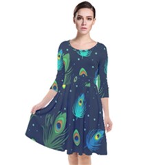 Texture Pattern Green Feather Yellow Peacock Quarter Sleeve Waist Band Dress by Loisa77