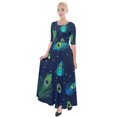 Texture Pattern Green Feather Yellow Peacock Half Sleeves Maxi Dress by Loisa77