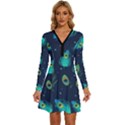 Texture Pattern Green Feather Yellow Peacock Long Sleeve Deep V Mini Dress  View1