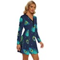 Texture Pattern Green Feather Yellow Peacock Long Sleeve Deep V Mini Dress  View3