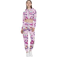 Owls Bird Animal Pattern Cropped Zip Up Lounge Set by Loisa77