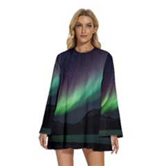 Aurora Borealis Beautiful Northern Lights Nature Round Neck Long Sleeve Bohemian Style Chiffon Mini Dress by Loisa77