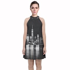 Nyc New York Skyline City Buildings Velvet Halter Neckline Dress  by Loisa77