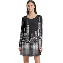 Nyc New York Skyline City Buildings Long Sleeve Velour Skater Dress by Loisa77