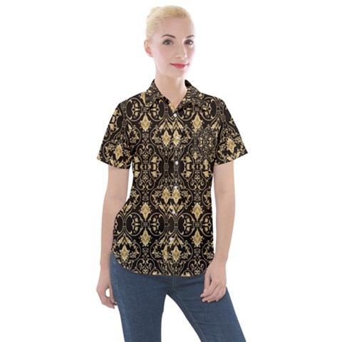 Vintage Batik Art Architecture Pattern Women s Short Sleeve Pocket Shirt by Ravend