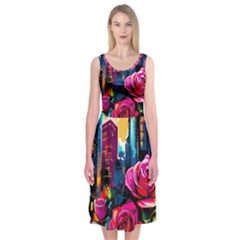 City Rose 2-gigapixel-art-scale-4 00x Midi Sleeveless Dress by BrightWear