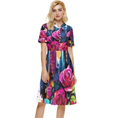 City Rose 2-gigapixel-art-scale-4 00x Button Top Knee Length Dress by BrightWear