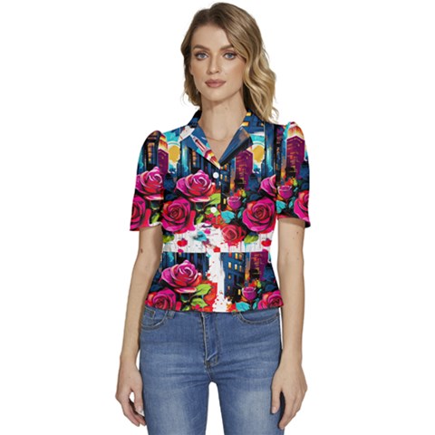 City Rose 2-gigapixel-art-scale-4 00x Puffed Short Sleeve Button Up Jacket by BrightWear