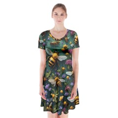 Bees Colony Flowers Short Sleeve V-neck Flare Dress by Loisa77