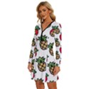 Strawberries Pineapples Fruits Long Sleeve Deep V Mini Dress  View2