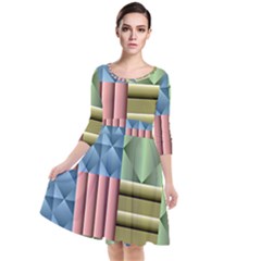 Patchwork Tile Pattern Mosaic Quarter Sleeve Waist Band Dress by Loisa77