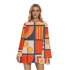 Square Shapes Pattern Design Round Neck Long Sleeve Bohemian Style Chiffon Mini Dress by Loisa77