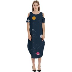 Space Nasa Galaxy Cold Shoulder Loose Fit Dress With Pockets