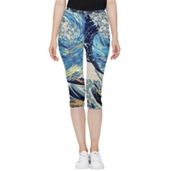 The Great Wave Of Kanagawa Painting Inside Out Lightweight Velour Capri Leggings  by Perong