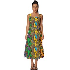 Dead Dancing Bears Grateful Dead Pattern Square Neckline Tiered Midi Dress by Grandong