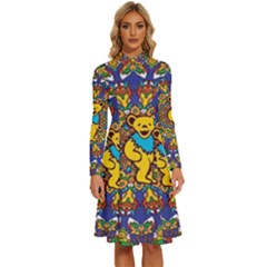 Dead Dancing Bears Grateful Dead Pattern Long Sleeve Shirt Collar A-line Dress by Grandong