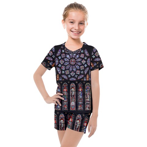 Chartres Cathedral Notre Dame De Paris Stained Glass Kids  Mesh T-shirt And Shorts Set by Grandong