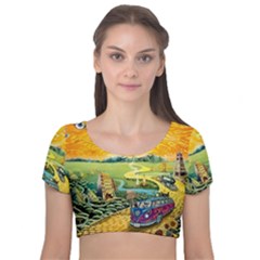 Grateful Dead Golden Road Velvet Short Sleeve Crop Top  by Bedest