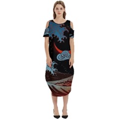 Night In The Ocean Red Waves Art Moon Dark Japanese Wave Cold Shoulder Loose Fit Dress With Pockets by Perong