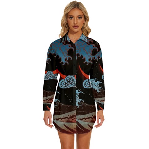 Night In The Ocean Red Waves Art Moon Dark Japanese Wave Womens Long Sleeve Shirt Dress by Perong