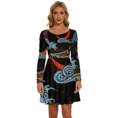 Night In The Ocean Red Waves Art Moon Dark Japanese Wave Long Sleeve Wide Neck Velvet Dress by Perong