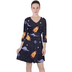 Cosmos Rocket Spaceship Ufo Quarter Sleeve Ruffle Waist Dress by Salmanaz77