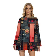 Tech Technology Pattern Round Neck Long Sleeve Bohemian Style Chiffon Mini Dress by Salmanaz77