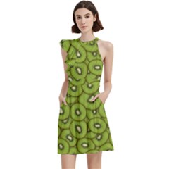 Kiwi Fruit Pattern Green Background Cocktail Party Halter Sleeveless Dress With Pockets by Paksenen