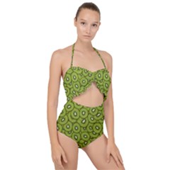 Kiwi Fruit Pattern Green Background Scallop Top Cut Out Swimsuit by Paksenen