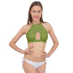 Kiwi Fruit Pattern Green Background Cross Front Halter Bikini Top by Paksenen