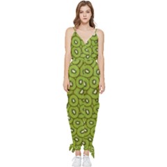 Kiwi Fruit Pattern Green Background Sleeveless Tie Ankle Chiffon Jumpsuit by Paksenen