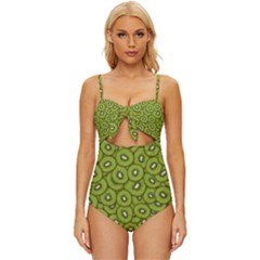 Kiwi Fruit Pattern Green Background Knot Front One-piece Swimsuit by Paksenen