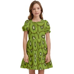 Kiwi Fruit Pattern Green Background Kids  Puff Sleeved Dress by Paksenen