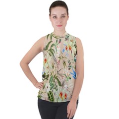 Textile Fabric Tropical Mock Neck Chiffon Sleeveless Top by Paksenen