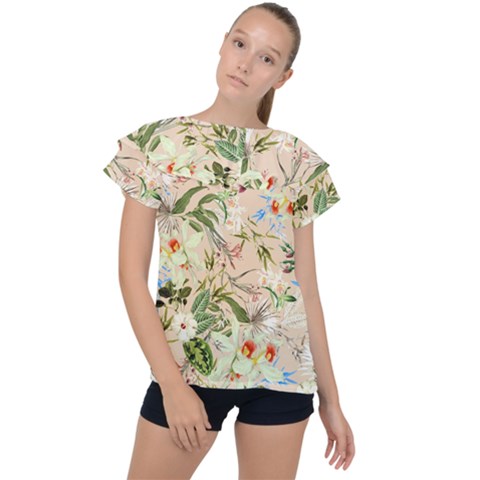 Textile Fabric Tropical Ruffle Collar Chiffon Blouse by Paksenen