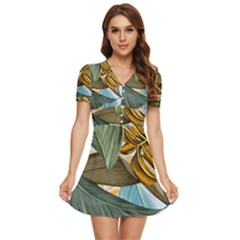 Monstera Palm Leaves Plants V-neck High Waist Chiffon Mini Dress by Paksenen