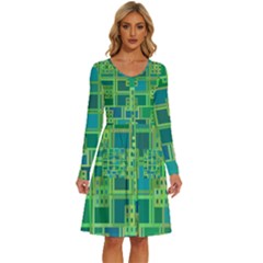 Green Abstract Geometric Long Sleeve Dress With Pocket by Ket1n9