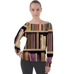 Books Bookshelves Office Fantasy Background Artwork Book Cover Apothecary Book Nook Literature Libra Off Shoulder Long Sleeve Velour Top by Posterlux