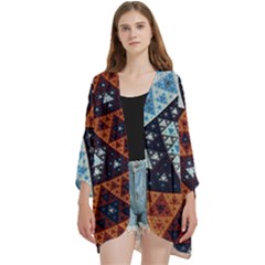 Fractal Triangle Geometric Abstract Pattern Open Front 3/4 Sleeve Batwing Chiffon Cardigan Kimono by Cemarart