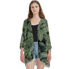 Leaves Foliage Botany Plant Open Front 3/4 Sleeve Batwing Chiffon Cardigan Kimono by Maspions