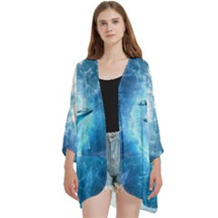 Dolphin Blue Sea Fantasy Open Front 3/4 Sleeve Batwing Chiffon Cardigan Kimono by Maspions