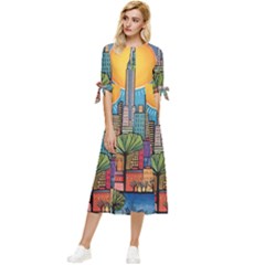 City New York Nyc Skyscraper Skyline Downtown Night Business Urban Travel Landmark Building Architec Bow Sleeve Chiffon Midi Dress by Posterlux