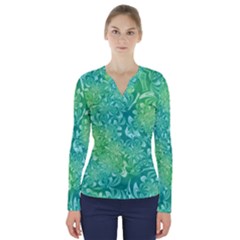 Retro Flower Pattern Design Batik V-neck Long Sleeve Top by Posterlux