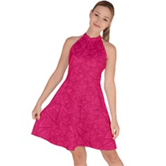 Pink Abstract Crimson Triangle Sleeveless Halter Neck A-line Dress by Posterlux