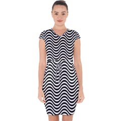 Black White Wave Pattern Wavy Water Seamless Capsleeve Drawstring Dress  by Posterlux