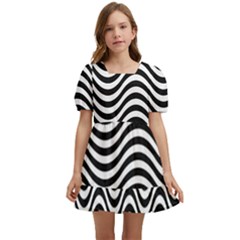 Black White Wave Pattern Wavy Water Seamless Kids  Short Sleeve Dolly Dress by Posterlux