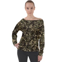 Camouflage Army Survival Uniform Off Shoulder Long Sleeve Velour Top by Posterlux