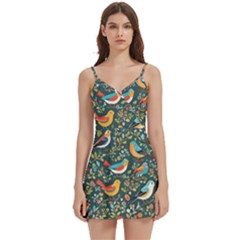 Birds Pattern Flowers Whimsical Body Wrap Sleeveless V-neck Mini Dress by Salmanaz77